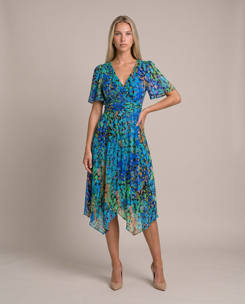 Grace Sommerkleid für Damen in Blau, Chiffonkleid mit Blumenmuster