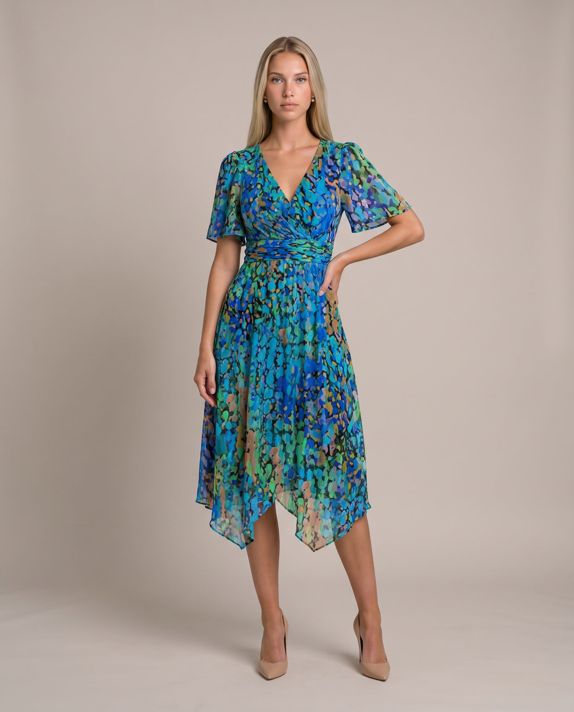 Grace Sommerkleid für Damen in Blau, Chiffonkleid mit Blumenmuster