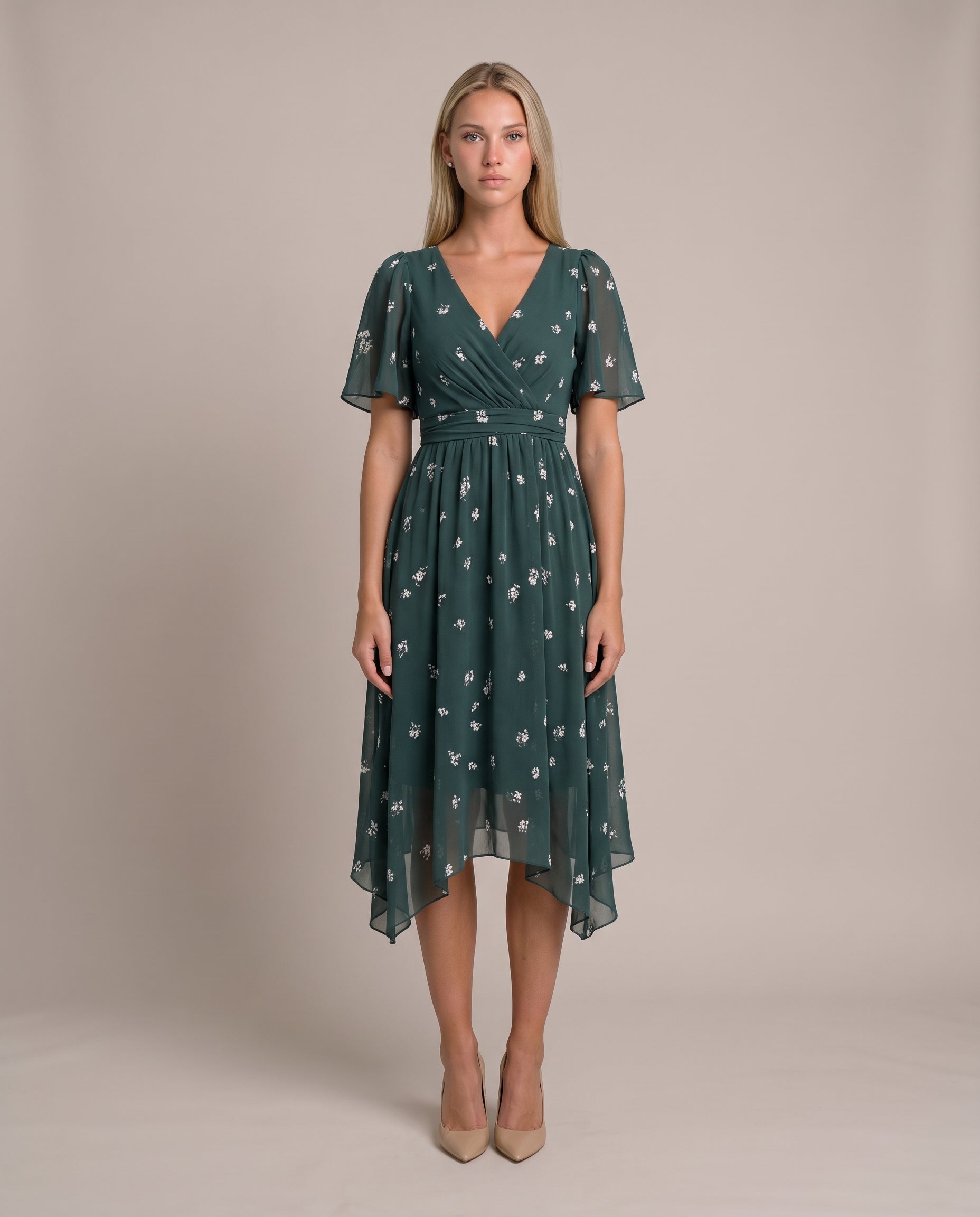 Grace Sommerkleid für Damen in Grün, Chiffonkleid mit Blumenmuster