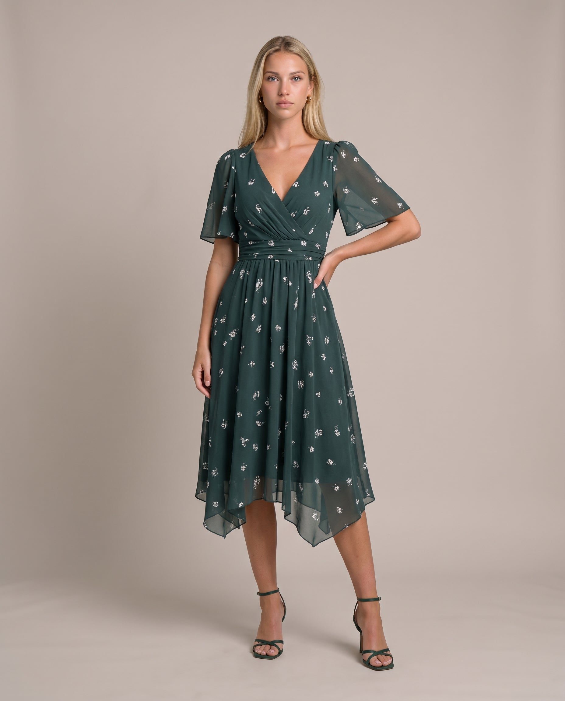 Grace Sommerkleid für Damen in Grün, Chiffonkleid mit Blumenmuster