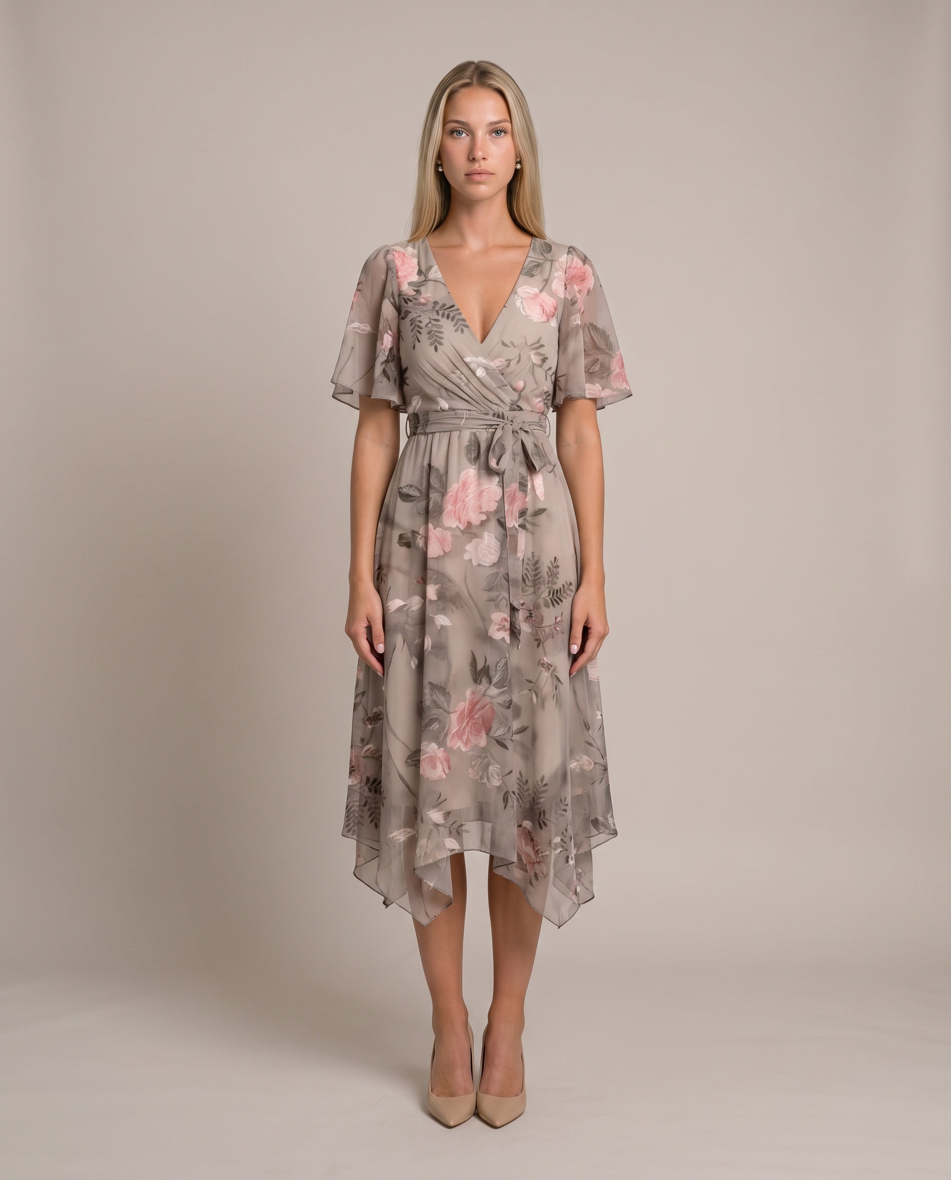 Grace Sommerkleid für Damen in Holzkohle, Chiffonkleid mit Blumenmuster