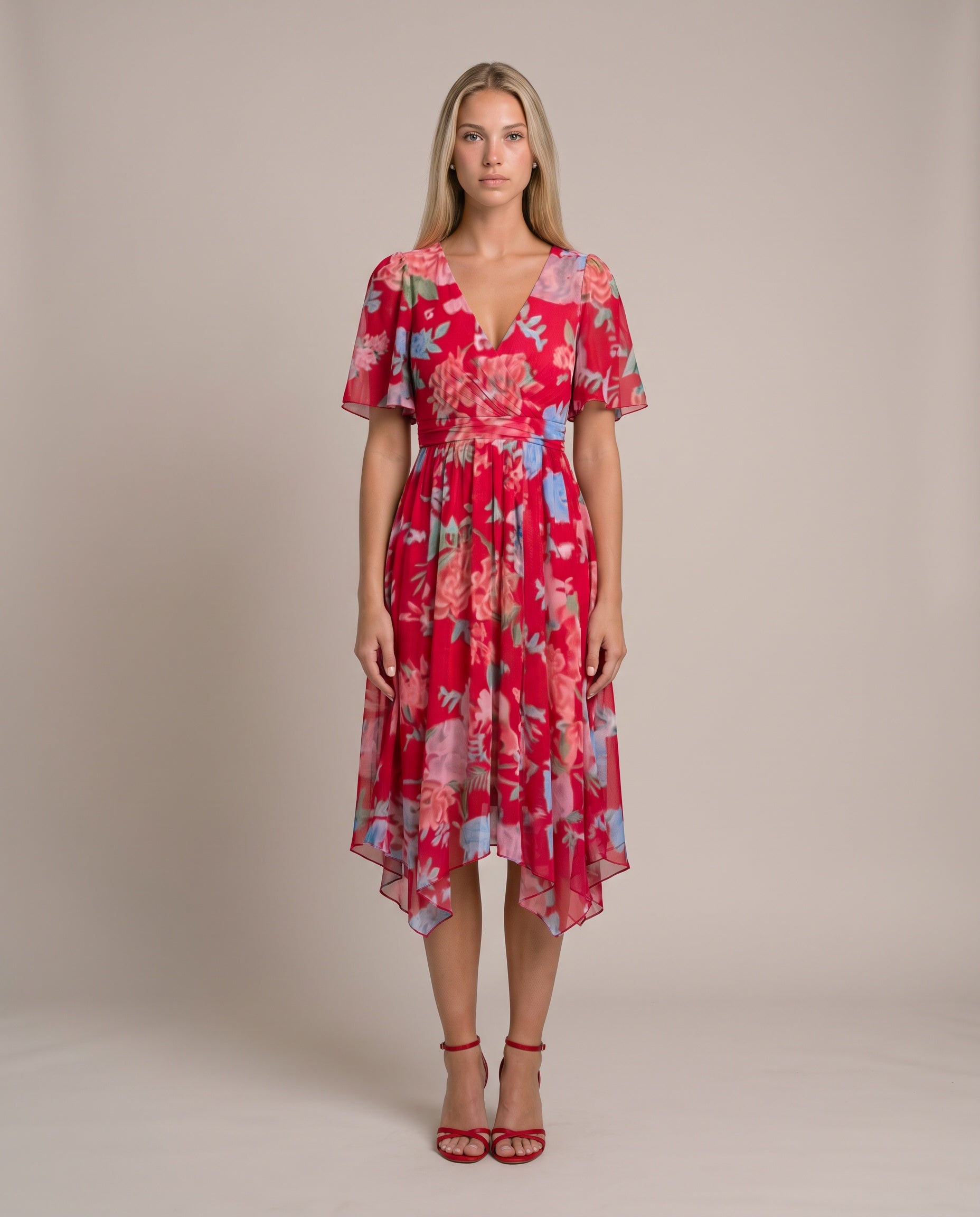 Grace Sommerkleid für Damen in Rot, Chiffonkleid mit Blumenmuster