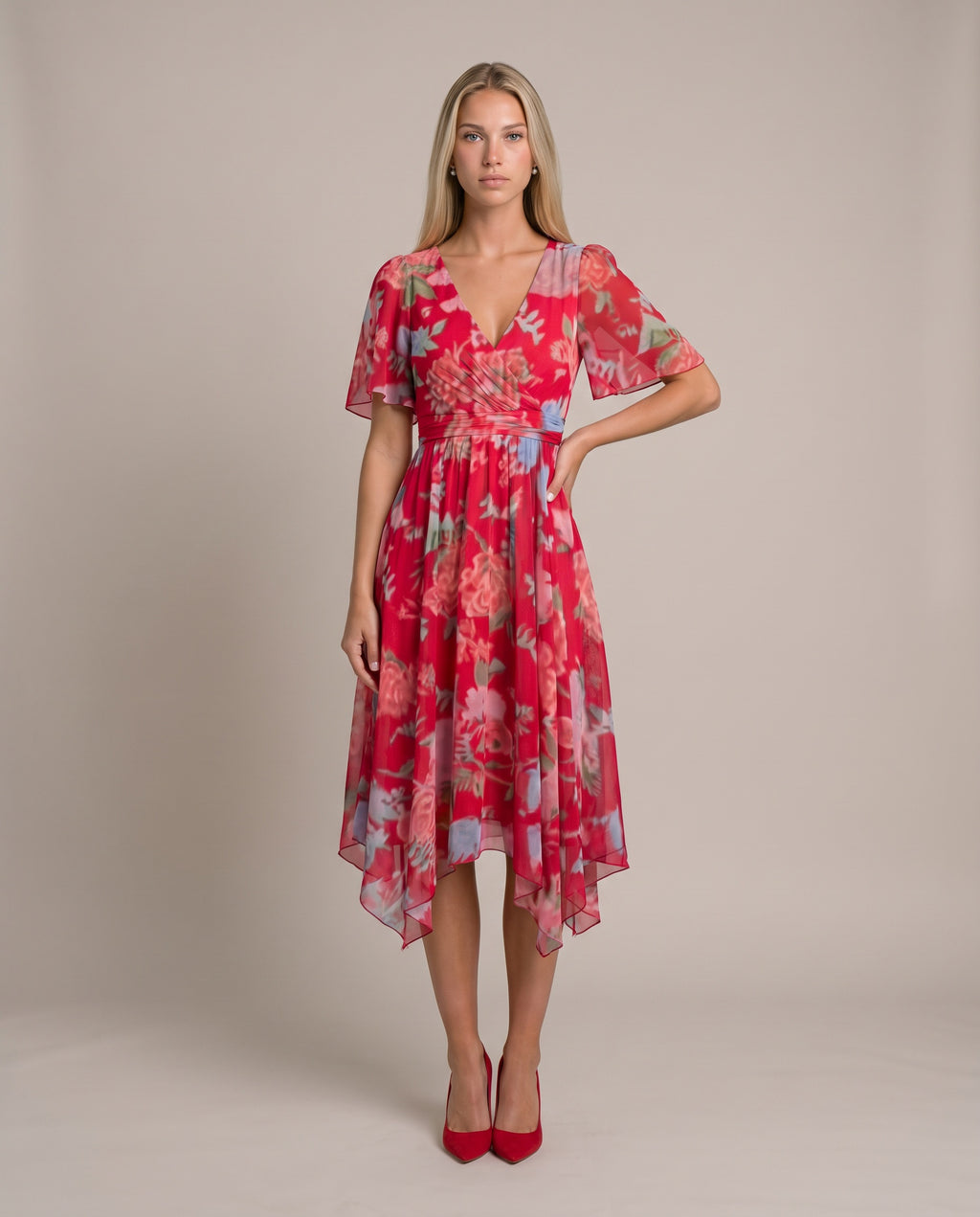 Grace Sommerkleid für Damen in Rot, Chiffonkleid mit Blumenmuster