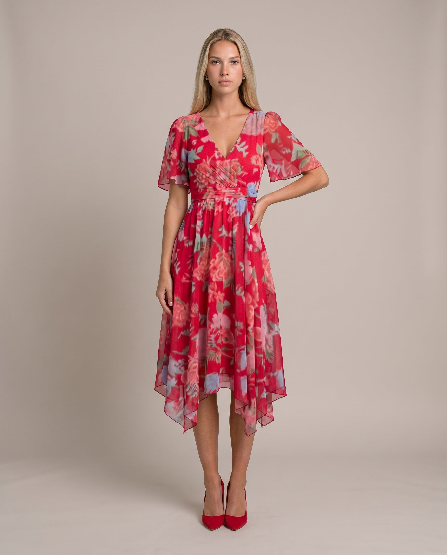 Grace Sommerkleid für Damen in Rot, Chiffonkleid mit Blumenmuster