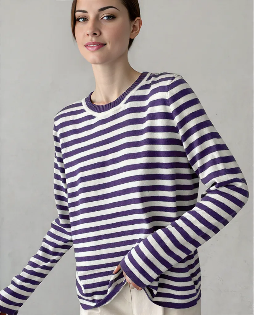 Variant image for Damen Langarm-Top Gestreift Entspanntes Design Atmungsaktiver Stoff S M L-13