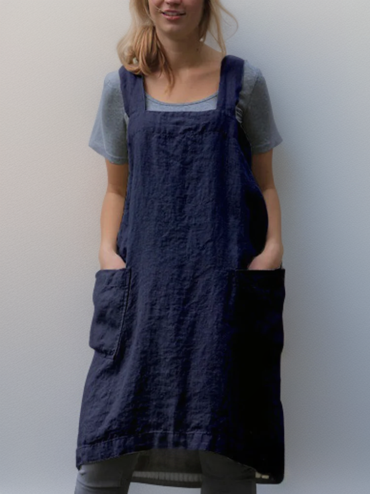 Damen Schürzenkleid Baumwolle Leinen Modernes Design mit Taschen S-XL-6