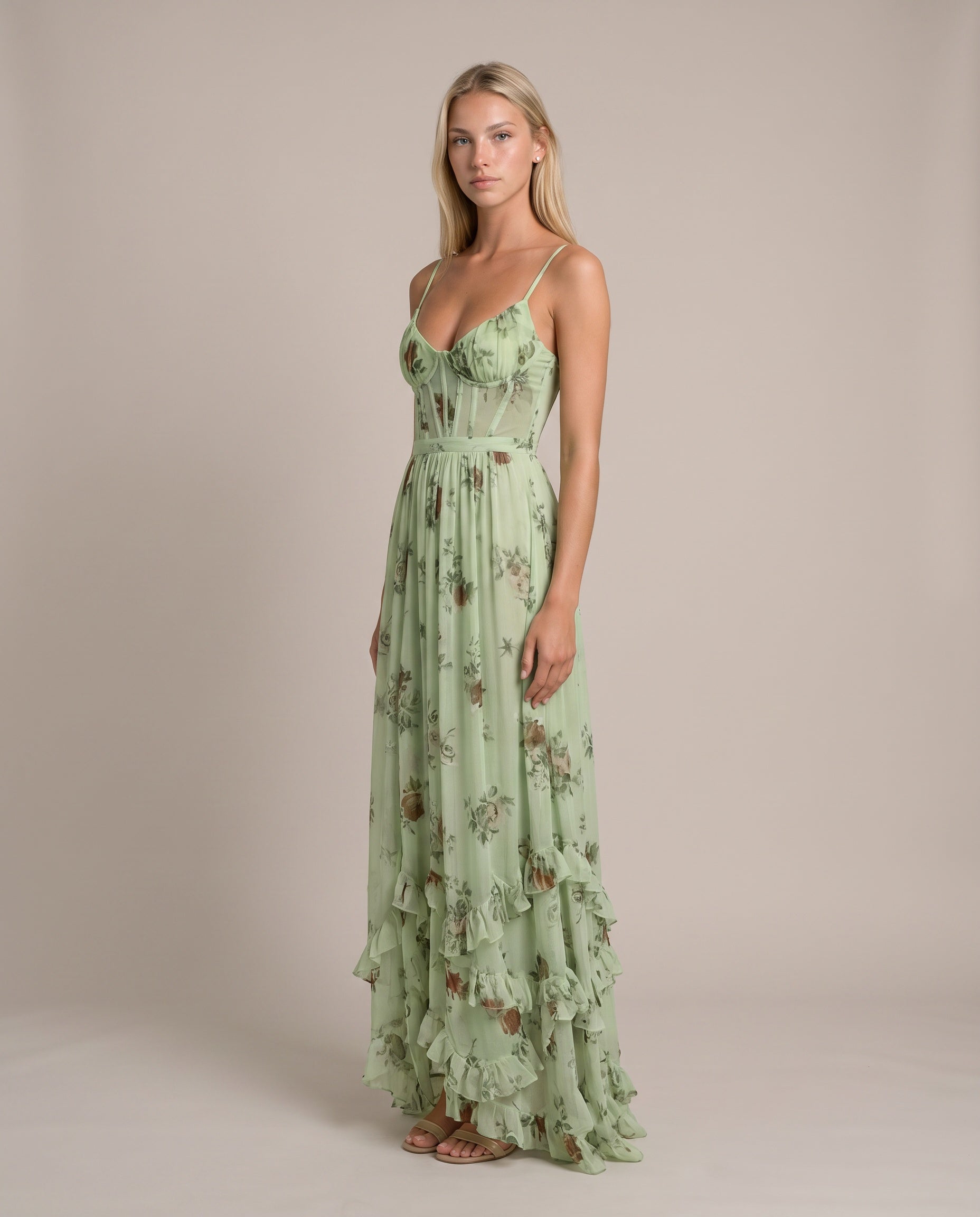 LEILA Elegantes Maxikleid für Damen in Grün mit Blumenmuster