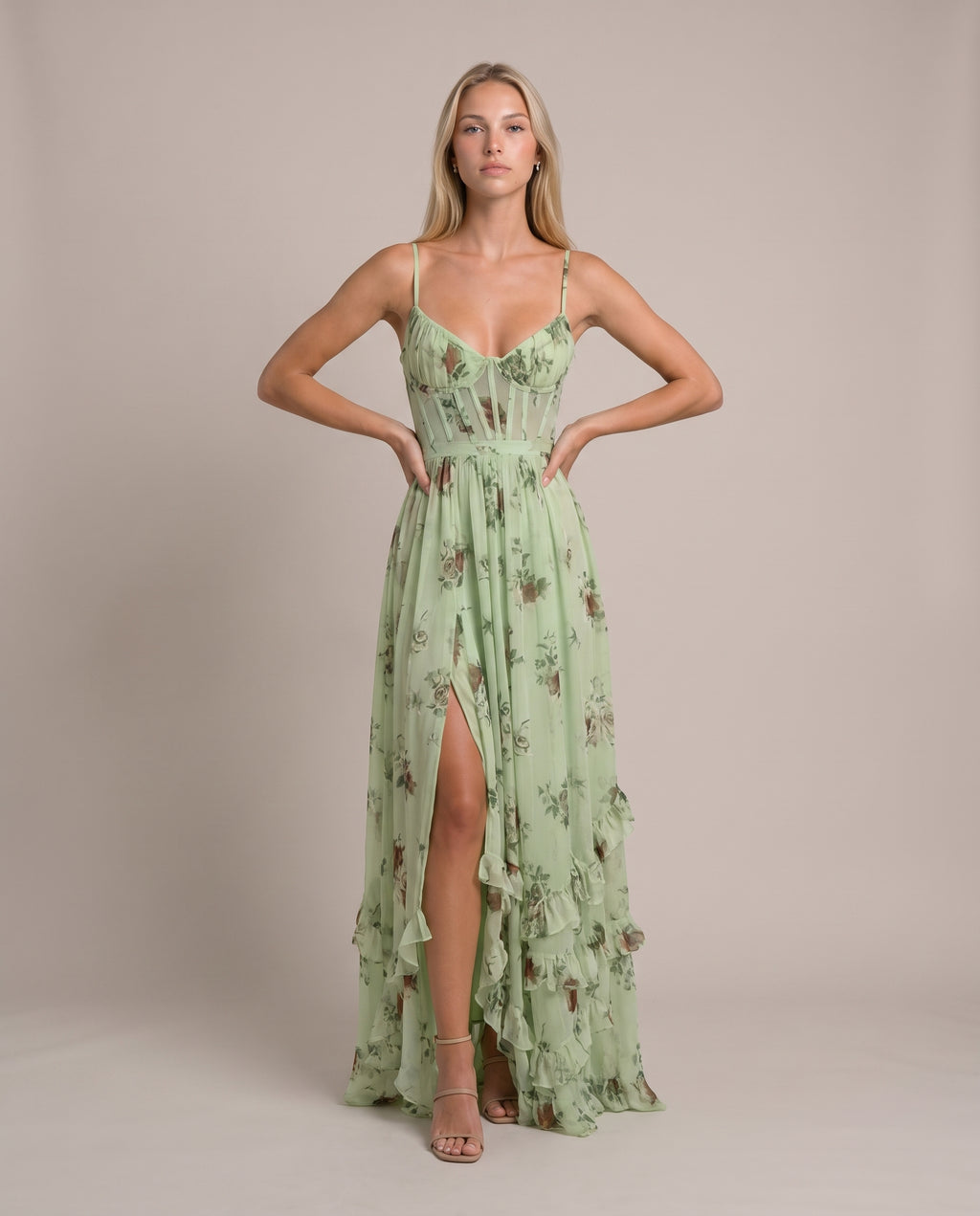 LEILA Maxikleid Grün, Bustier mit Seitenschlitz