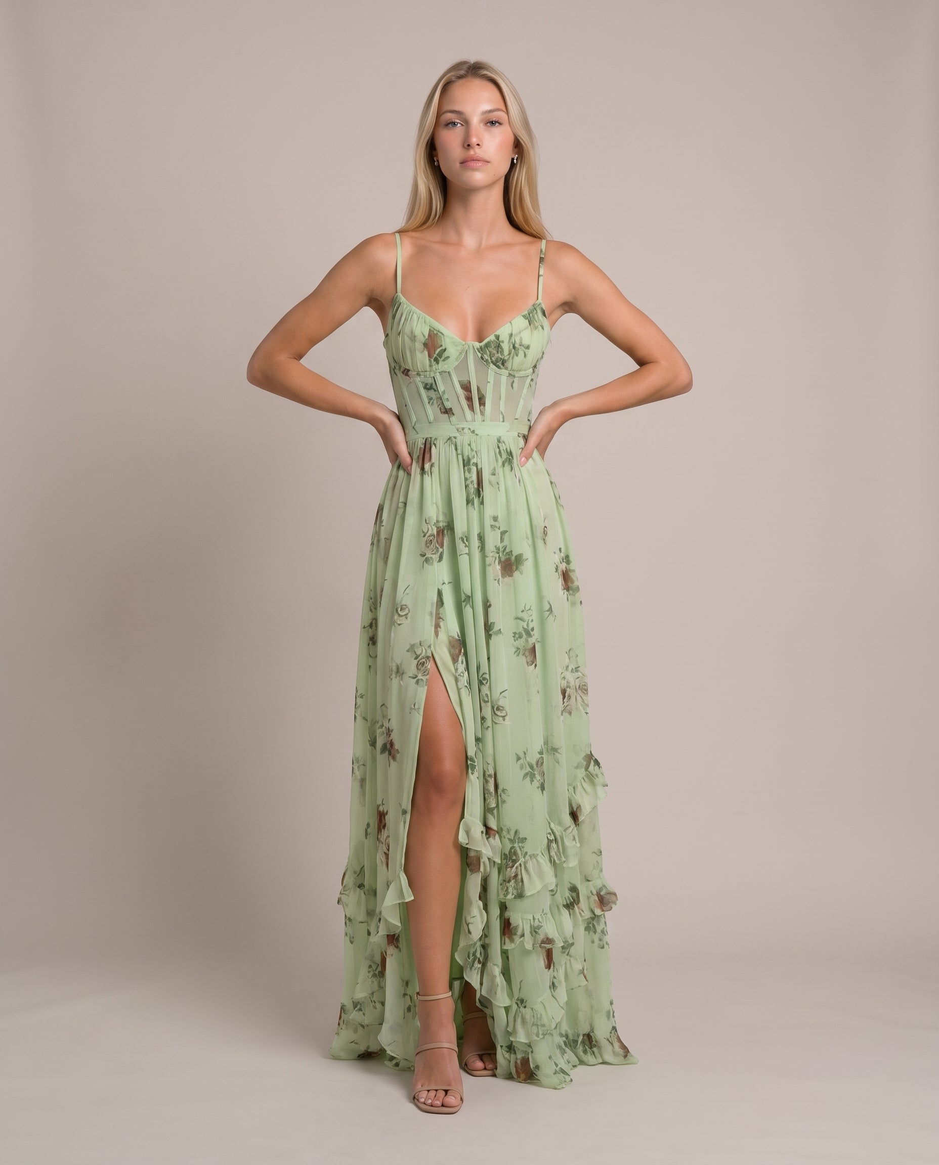 LEILA Maxikleid Grün, Bustier mit Seitenschlitz