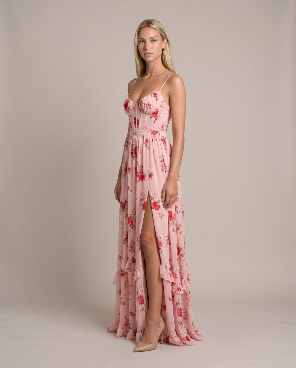 LEILA Maxikleid für Damen in Rosa mit Blumenmuster