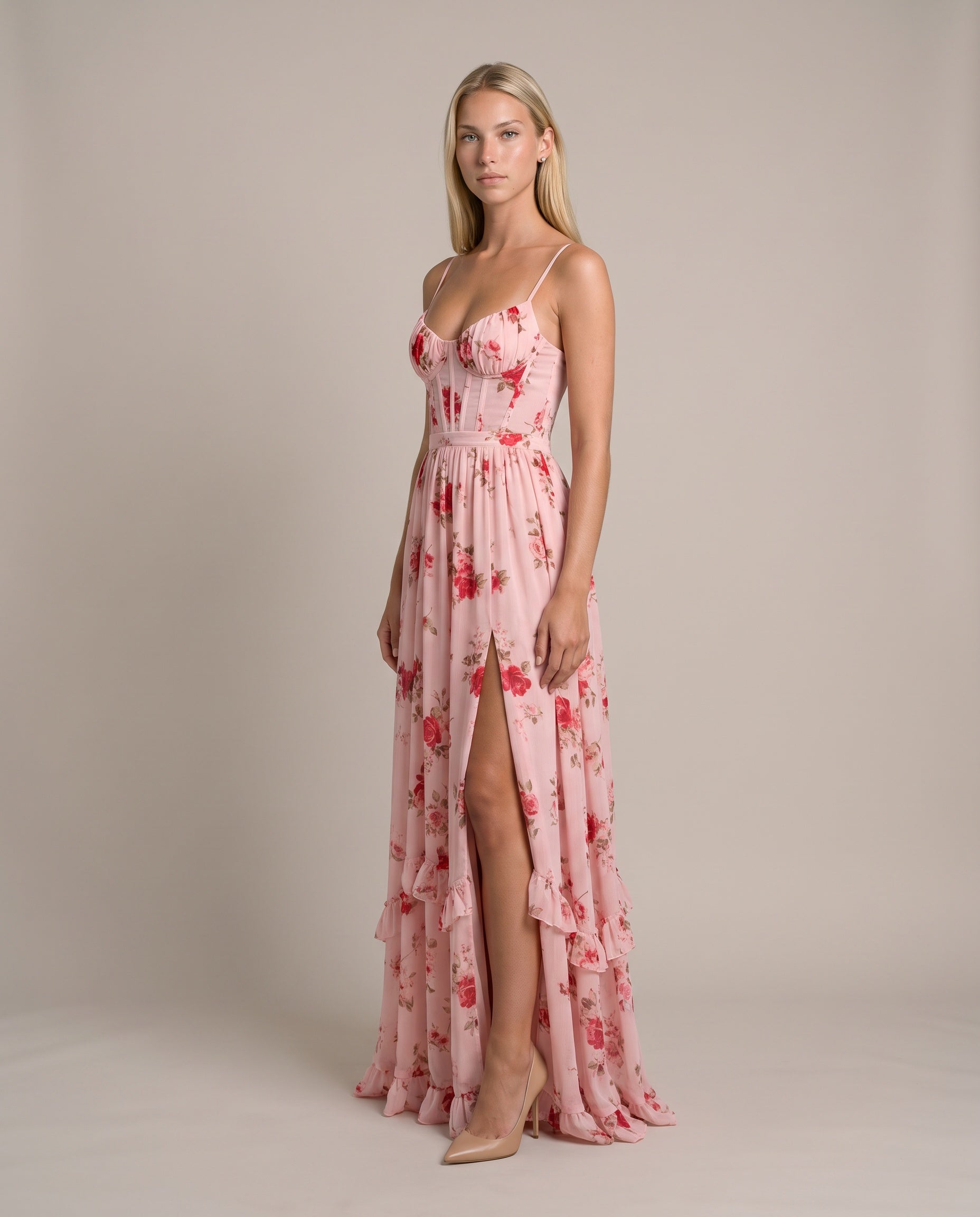 LEILA Maxikleid für Damen in Rosa mit Blumenmuster