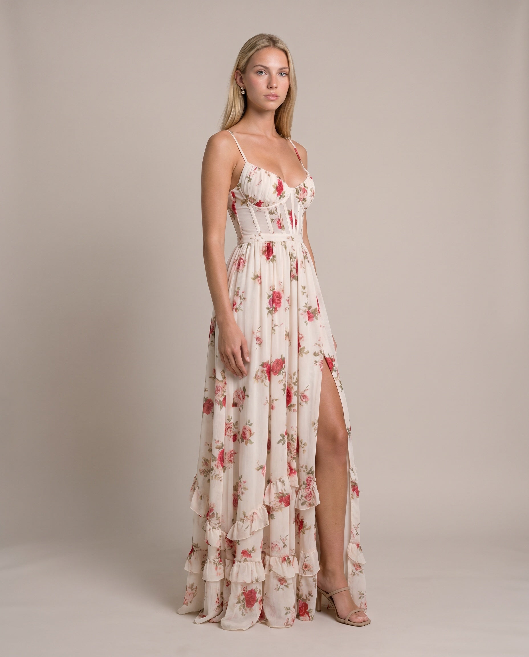 LEILA Maxikleid für Damen in Weiß mit Blumenmuster