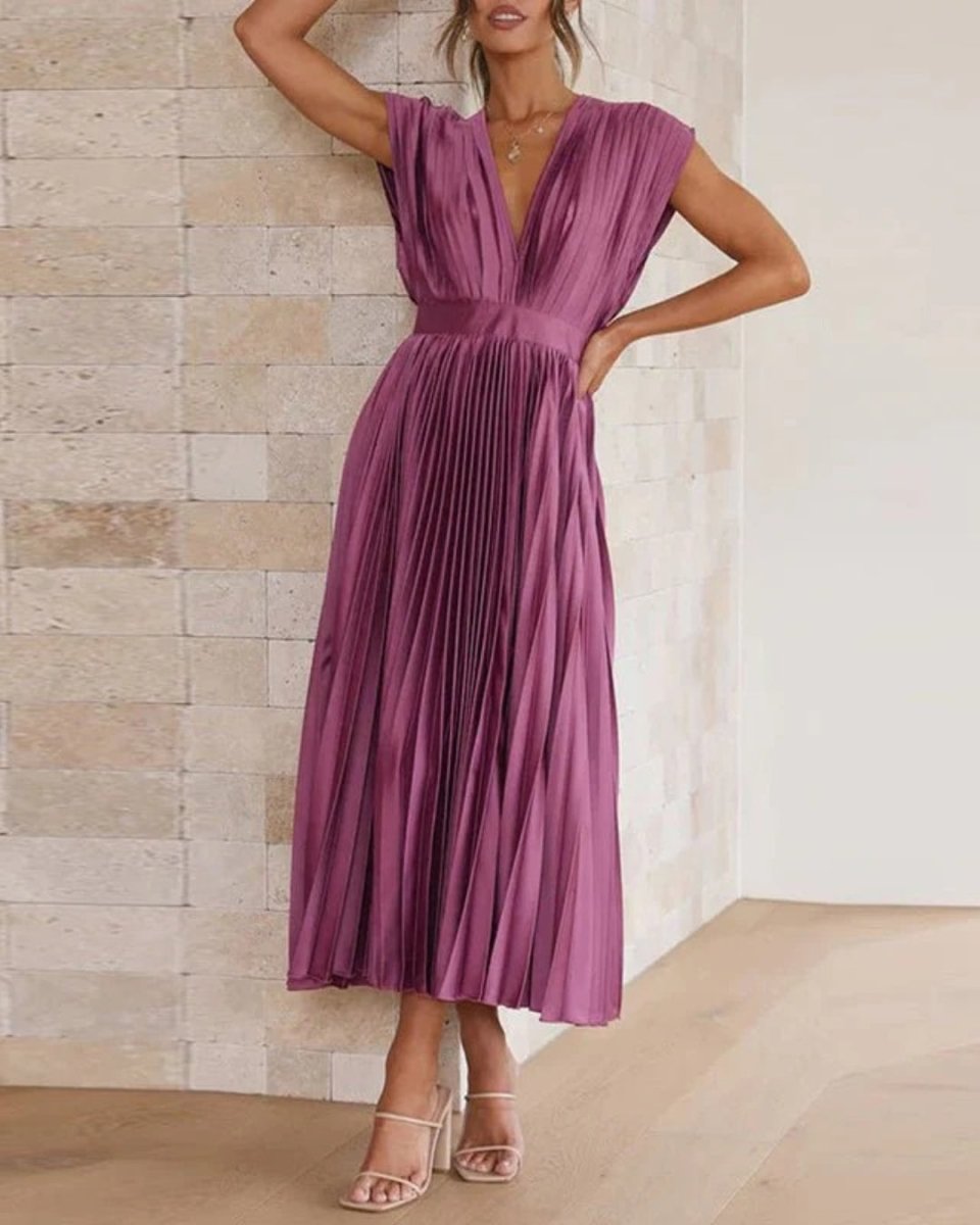 Damen Festkleid V-Ausschnitt Elegantes Design Champagner Rosa Schwarz Lila Hochzeitskleid für Gäste-6