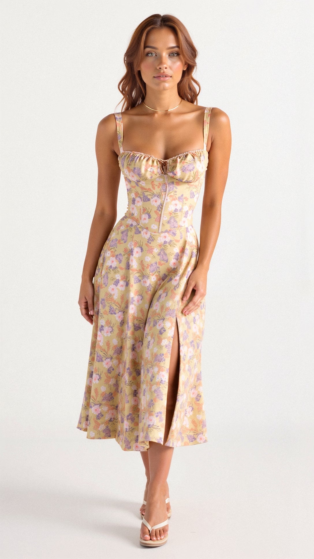 Damen Taillenkleid Bustier Design mit Seitenschlitz, Verstellbarer Schnürung, Festliches Kleid für Hochzeitsgast, Sommerkleider-1
