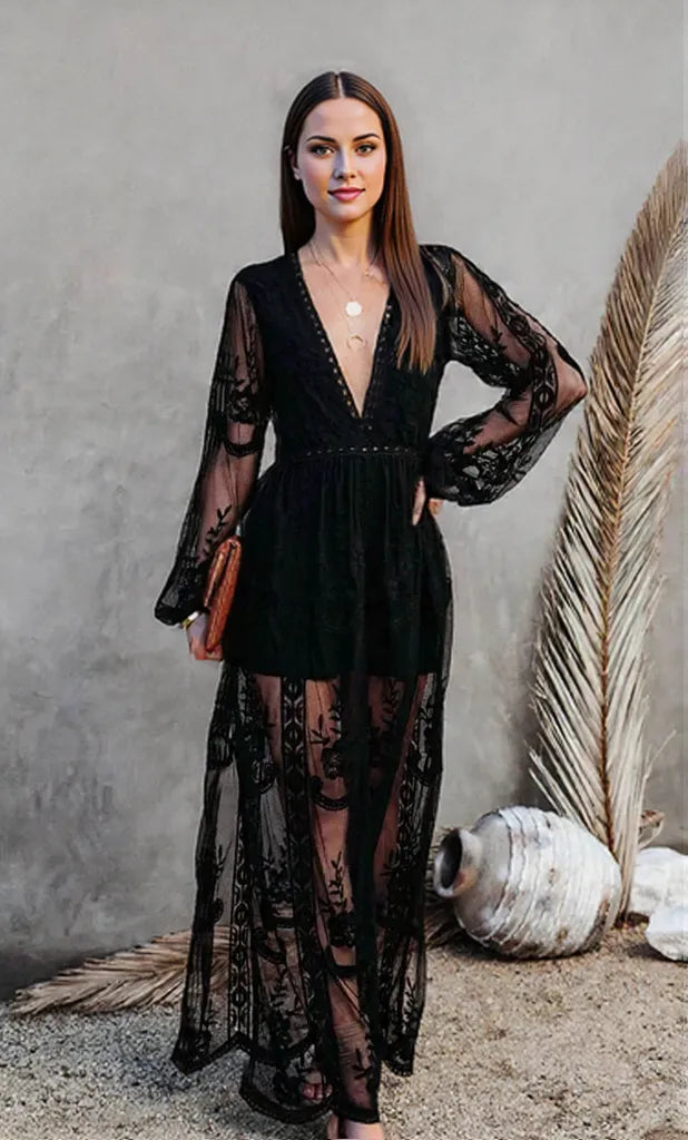 Damen Maxikleid V-Ausschnitt Schwarz Spitzen Sommer Lange Kleider-3