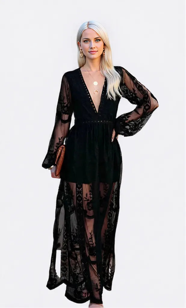 Damen Maxikleid V-Ausschnitt Schwarz Spitzen Sommer Lange Kleider-1