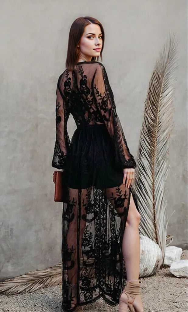 Damen Maxikleid V-Ausschnitt Schwarz Spitzen Sommer Lange Kleider-4