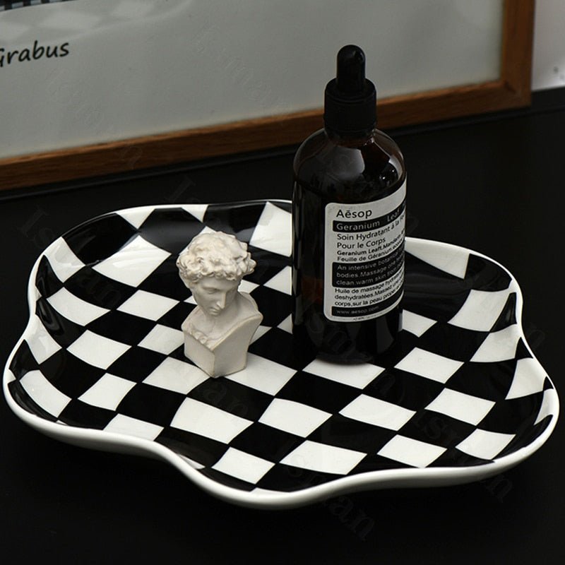 Moderne Keramik Lagerschale im Chequerboard-Design - Schwarz-Weißes Aufbewahrungstablett für Schmuck und Snacks-1