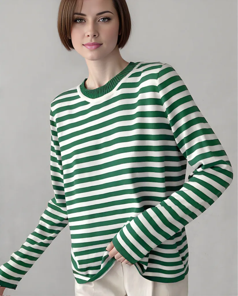 Variant image for Damen Langarm-Top Gestreift Entspanntes Design Atmungsaktiver Stoff S M L-7