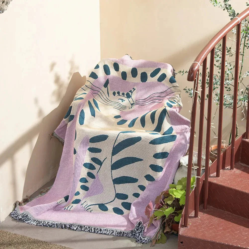Kuscheldecke für Sofa im Schrulligen Katzen-Design, 100% Baumwolle, 160 x 130 cm, Pflegeleicht und Atmungsaktiv-4