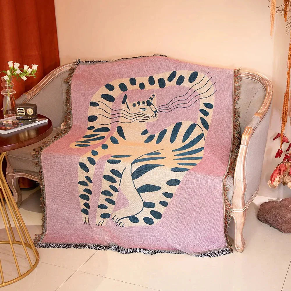 Kuscheldecke für Sofa im Schrulligen Katzen-Design, 100% Baumwolle, 160 x 130 cm, Pflegeleicht und Atmungsaktiv-1