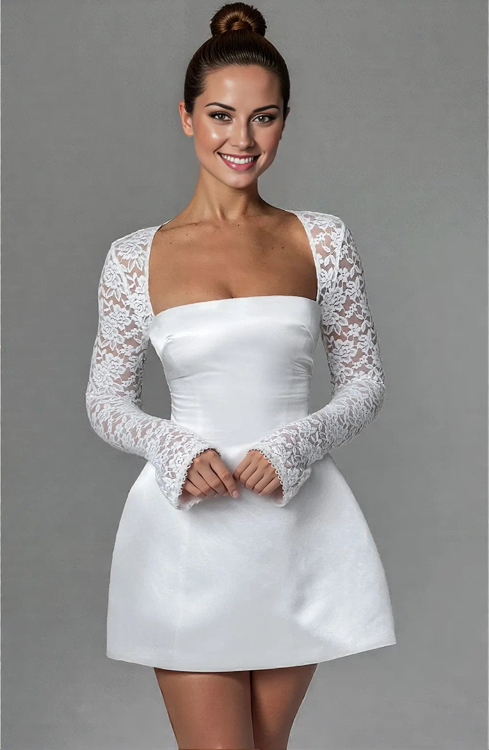 Damen Kleid Hochzeitsgast Mini mit Spitzenärmeln und Satinblasenrock, Slim Fit, Elegantes Festliches Kleid-4