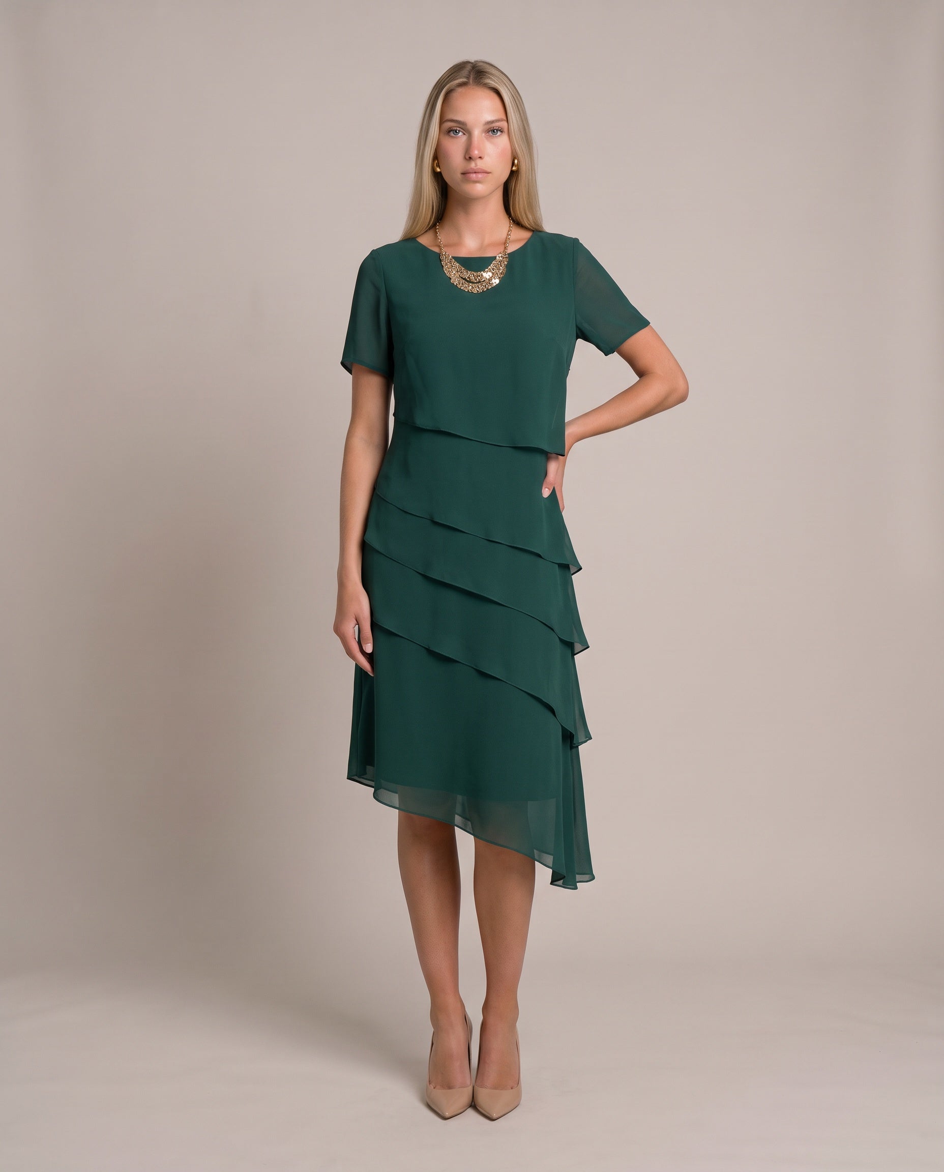 TESS Chiffonkleid für Damen in Grün, gestuftes Kleid